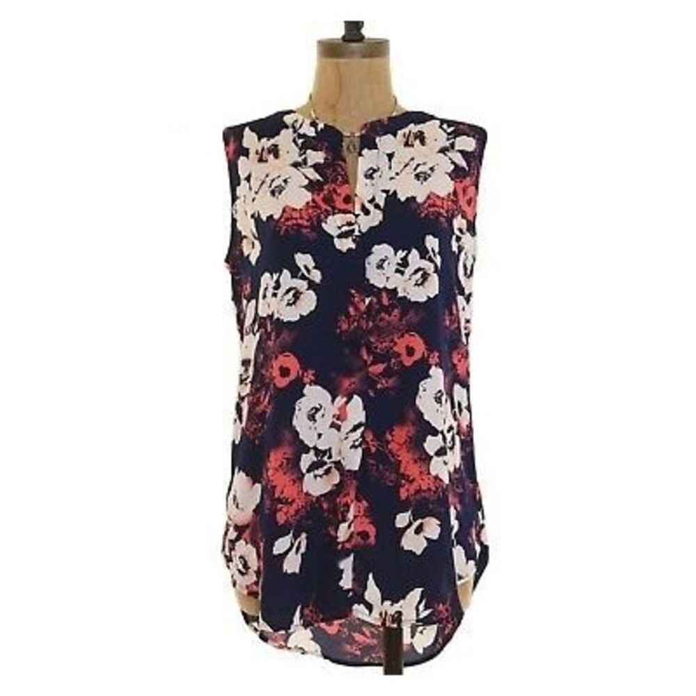 Gibson Nordstrom Top Size S Sleeveless V-Neck Hi-Low Floral Navy Blue NEW  B72